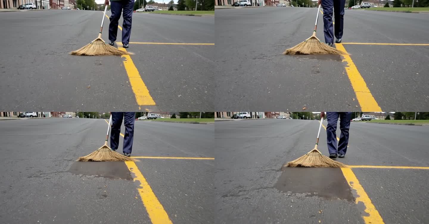 使用扫帚清扫道路的道路清扫车
